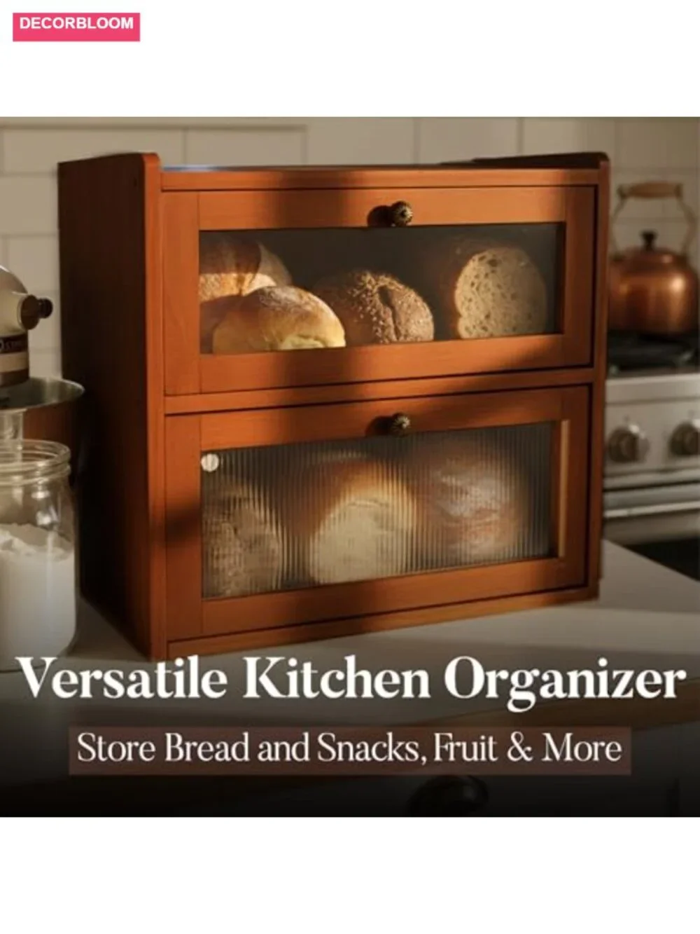 2-Layer Pine Wood Bread Box with Clear Acrylic Windows, Magnetic Closure, Large
